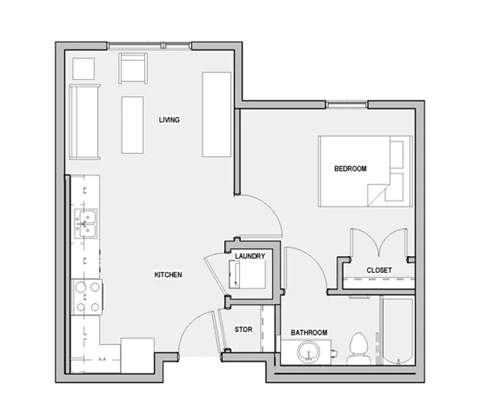 A floor plan with labeled rooms such as living room, bedroom, kitchen, bathroom, closet, and laundry.